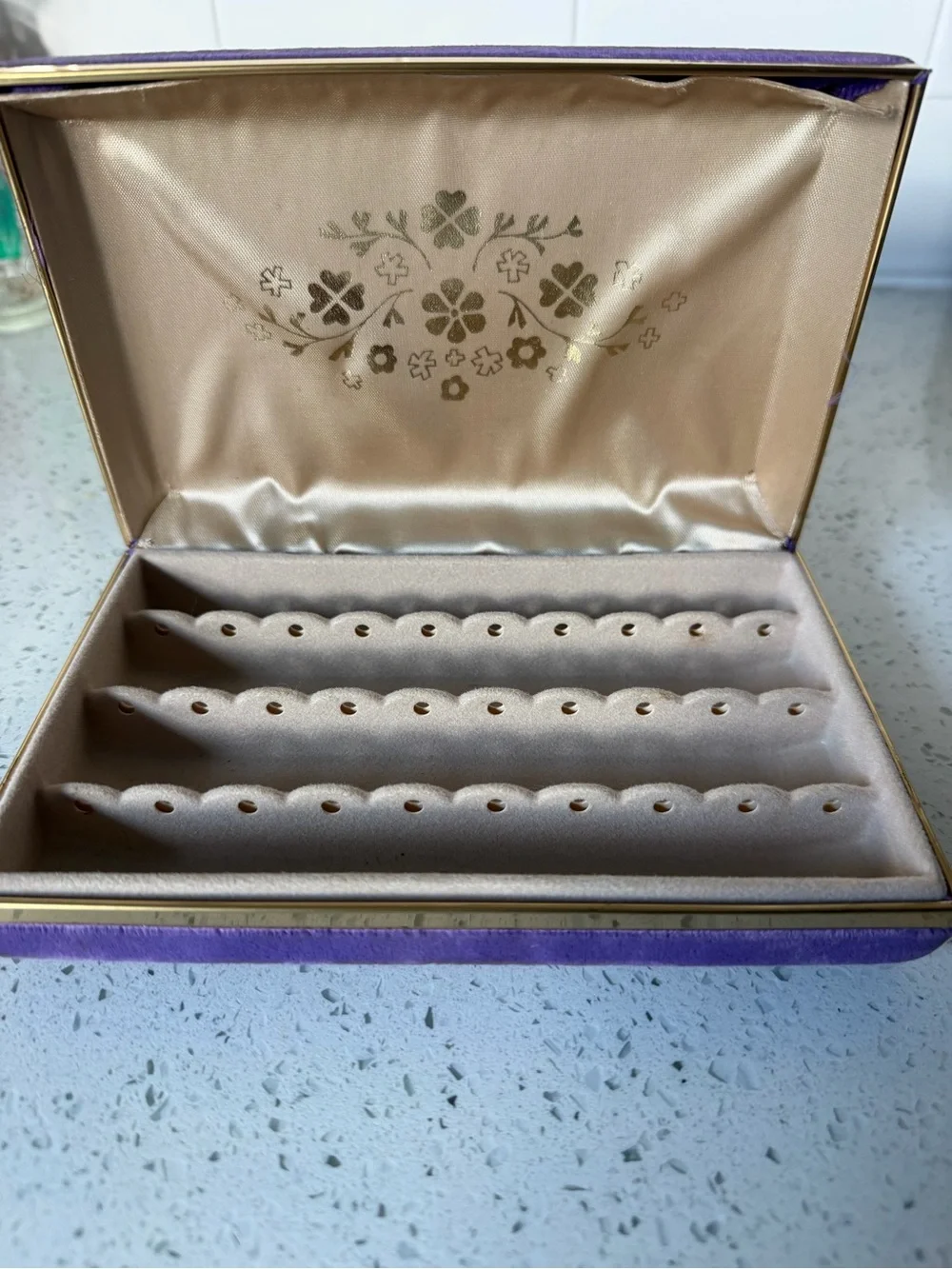 Vintage Purple Velvet Jewelry Box with Gold Trim